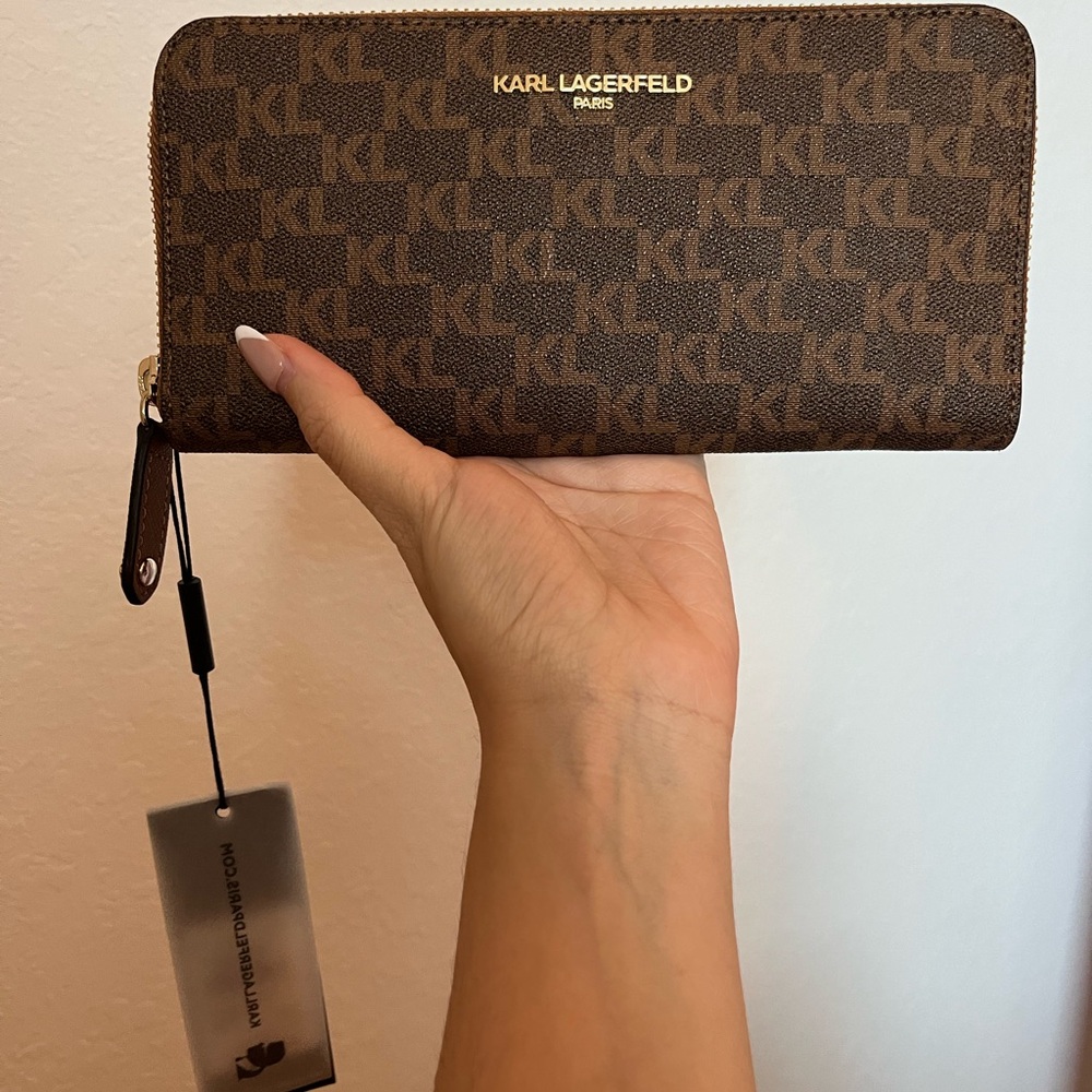 Karl Lagerfeld Brown Monogram Zip Wallet with Gold Logo